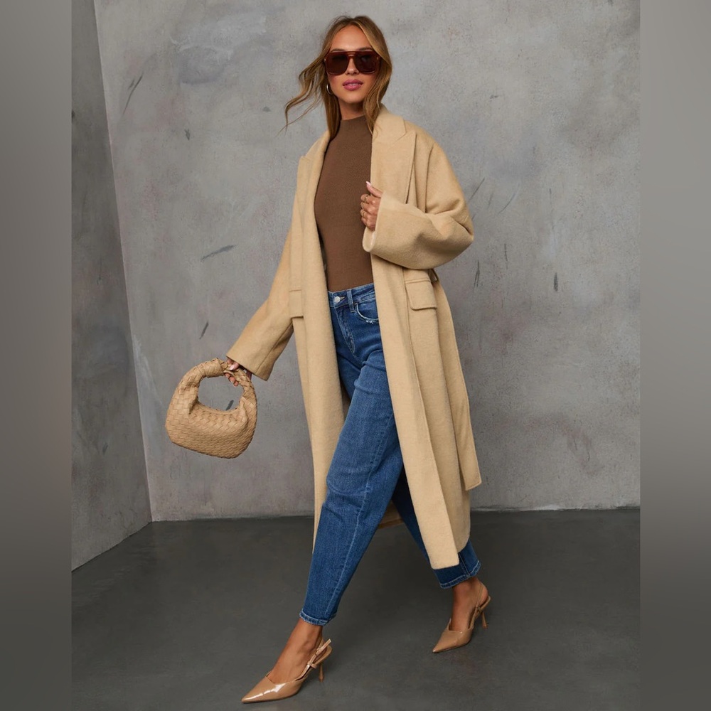 New Vici Stroll Along Oversized Camel Tan Long Wool Coat with Waist Tie